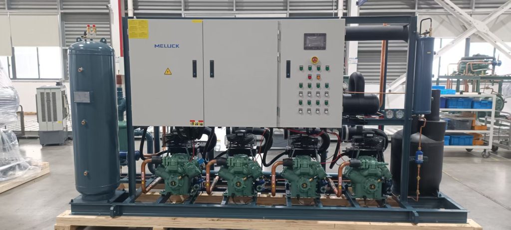Meluck multi-compressor parallel rack system with Bitzer compressors and centralized control panel for large chiller room projects