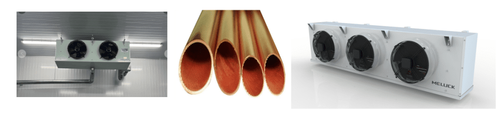 Meluck freezer room product lineup: ceiling air cooler, ME series inner-grooved copper tubes, and D series evaporator unit