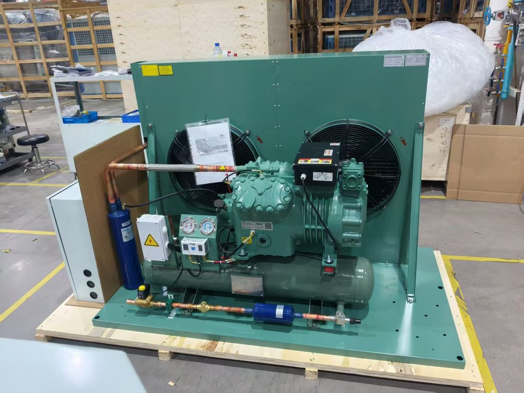 Large Meluck condensing unit with Bitzer screw compressor and dual axial fans for industrial freezer room refrigeration