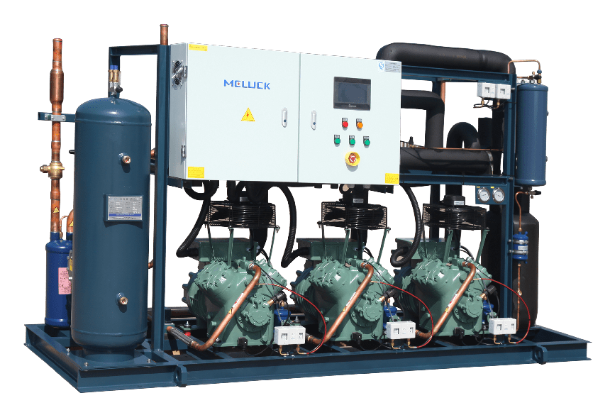 Meluck parallel compressor rack system for industrial freezer room applications with centralized refrigeration control