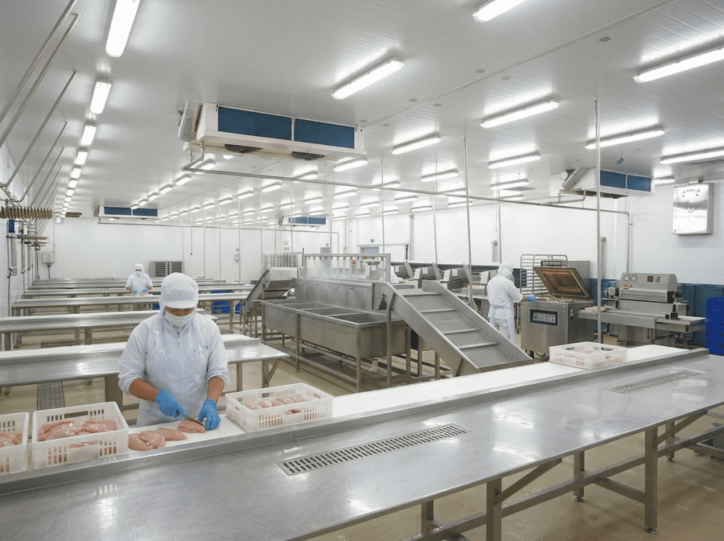 Temperature-controlled food processing room with workers in protective uniforms operating a poultry and meat production line