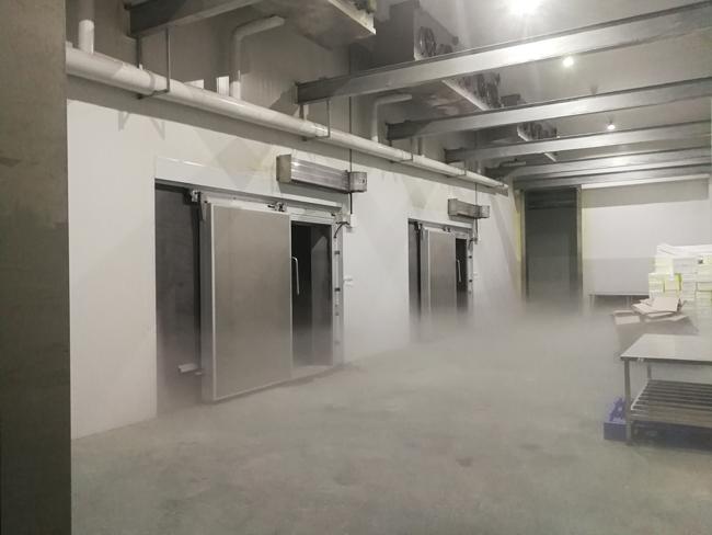 Blast freezer room interior with multiple insulated sliding doors and overhead refrigeration piping for rapid freezing operations
